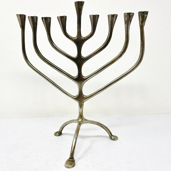 Vintage Sculptural Bronze Hanukkah Menorah MCM Abstract Brutalist Modernist - Picture 1 of 7